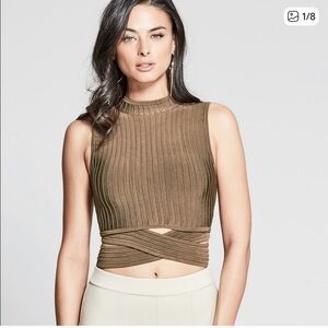 Marciano Olive Ribbed Wrap Crop Tank Top
